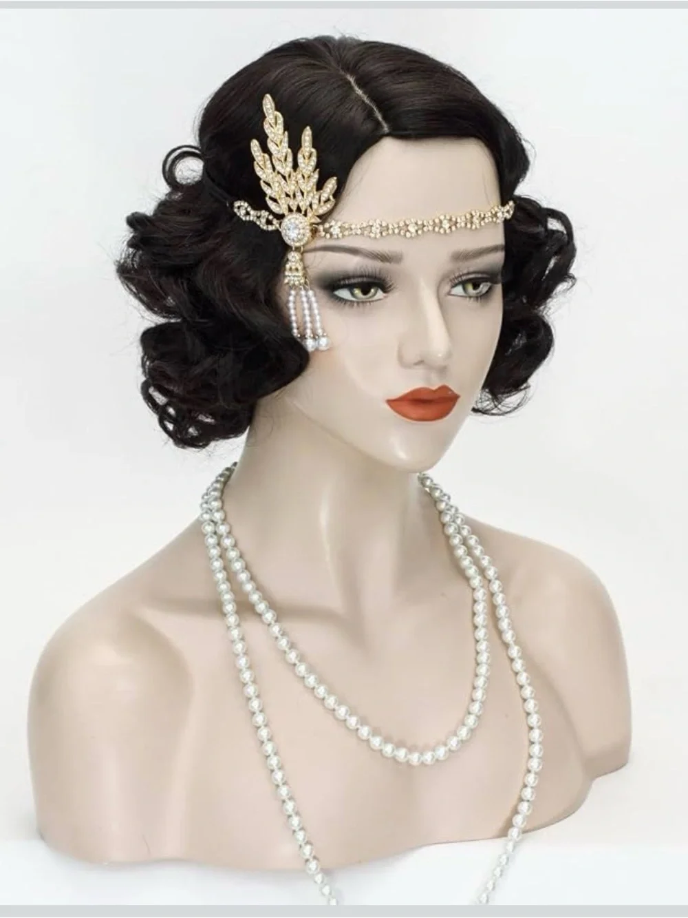 1920s Finger Wave Black Vintage Flapper Wig with Headband Necklace Earrings